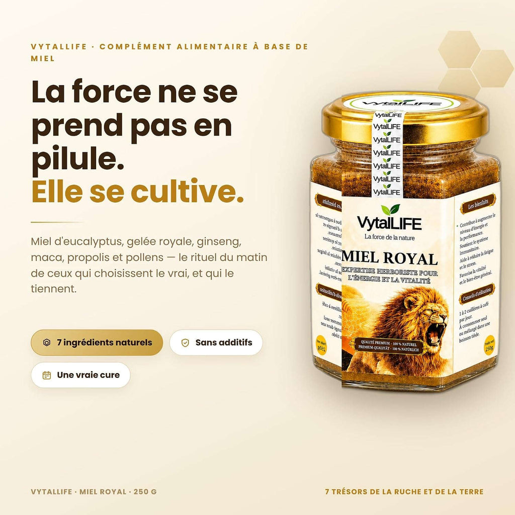 VytalLIFE Honey with Royal Jelly, Ginseng & Maca - 100% Pure Eucalyptus Aphrodisiac Honey 250g - Enriched with Propolis, Bee Pollen - Energy & Vitality - Natural Men's Testosterone Booster