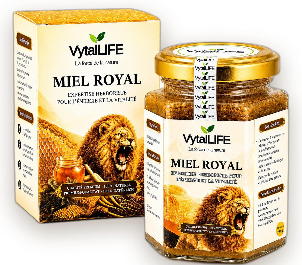 VytalLIFE Honey with Royal Jelly, Ginseng & Maca - 100% Pure Eucalyptus Aphrodisiac Honey 250g - Enriched with Propolis, Bee Pollen - Energy & Vitality - Natural Men's Testosterone Booster